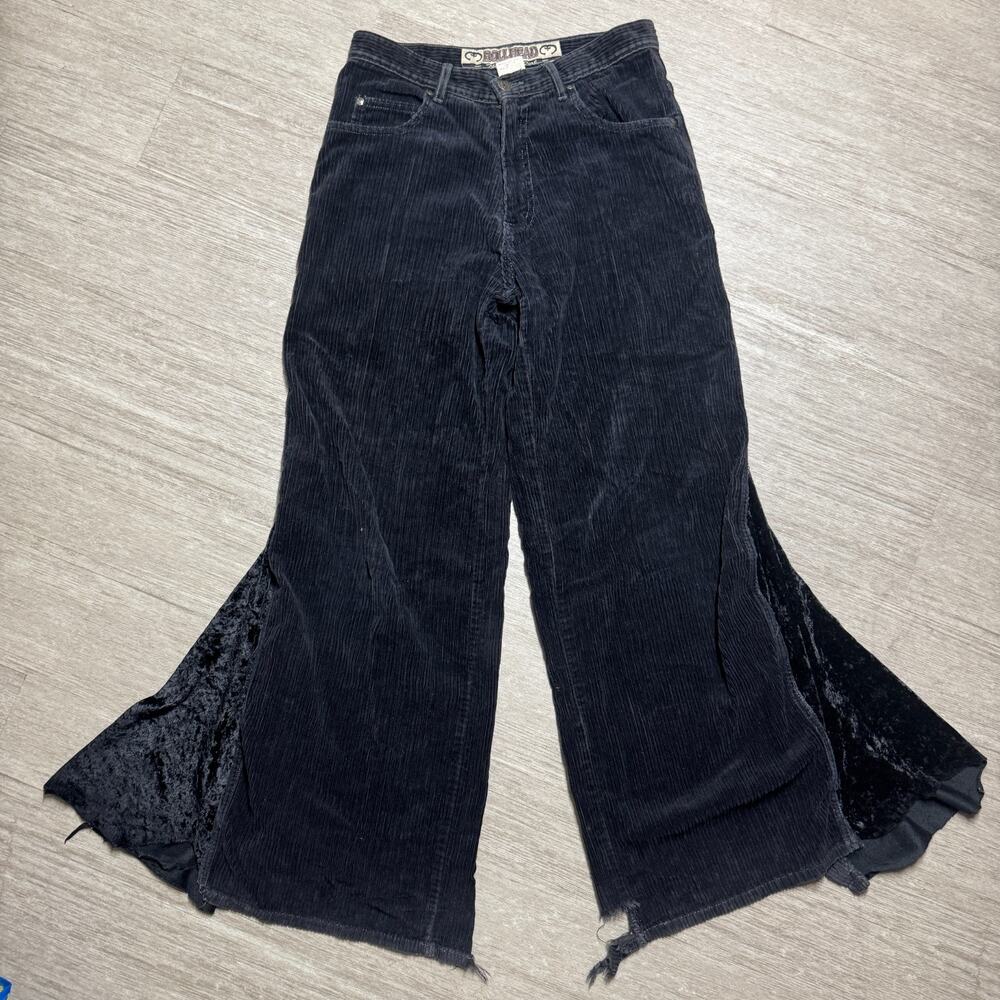 Vintage 90s Bullhead Jeans Women 29x32 Size 11 Corduroy Black Goth Punk Wide Leg